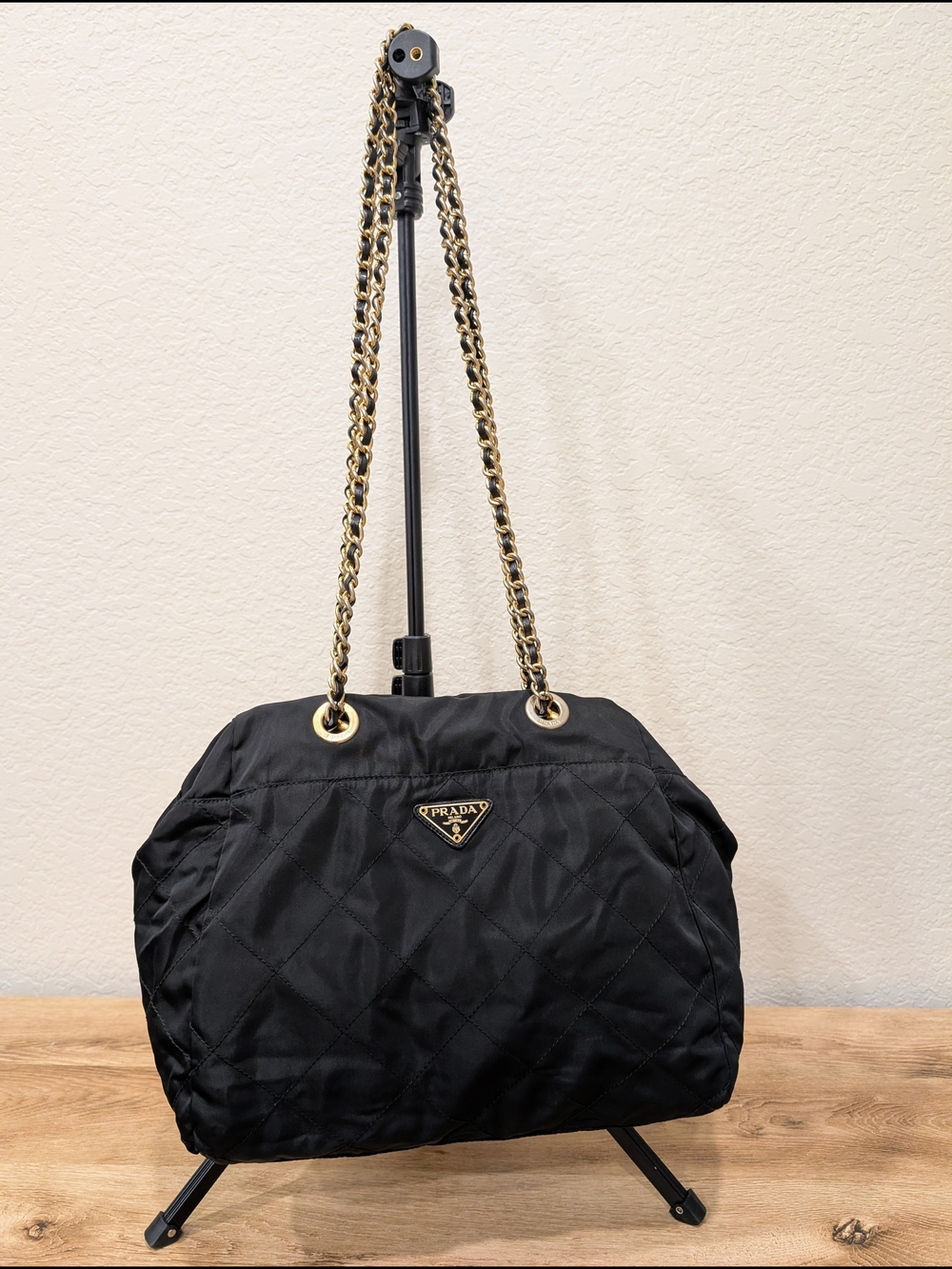 Vintage Prada Quilted Nylon Chain-Handle Shoulder Bag in Black